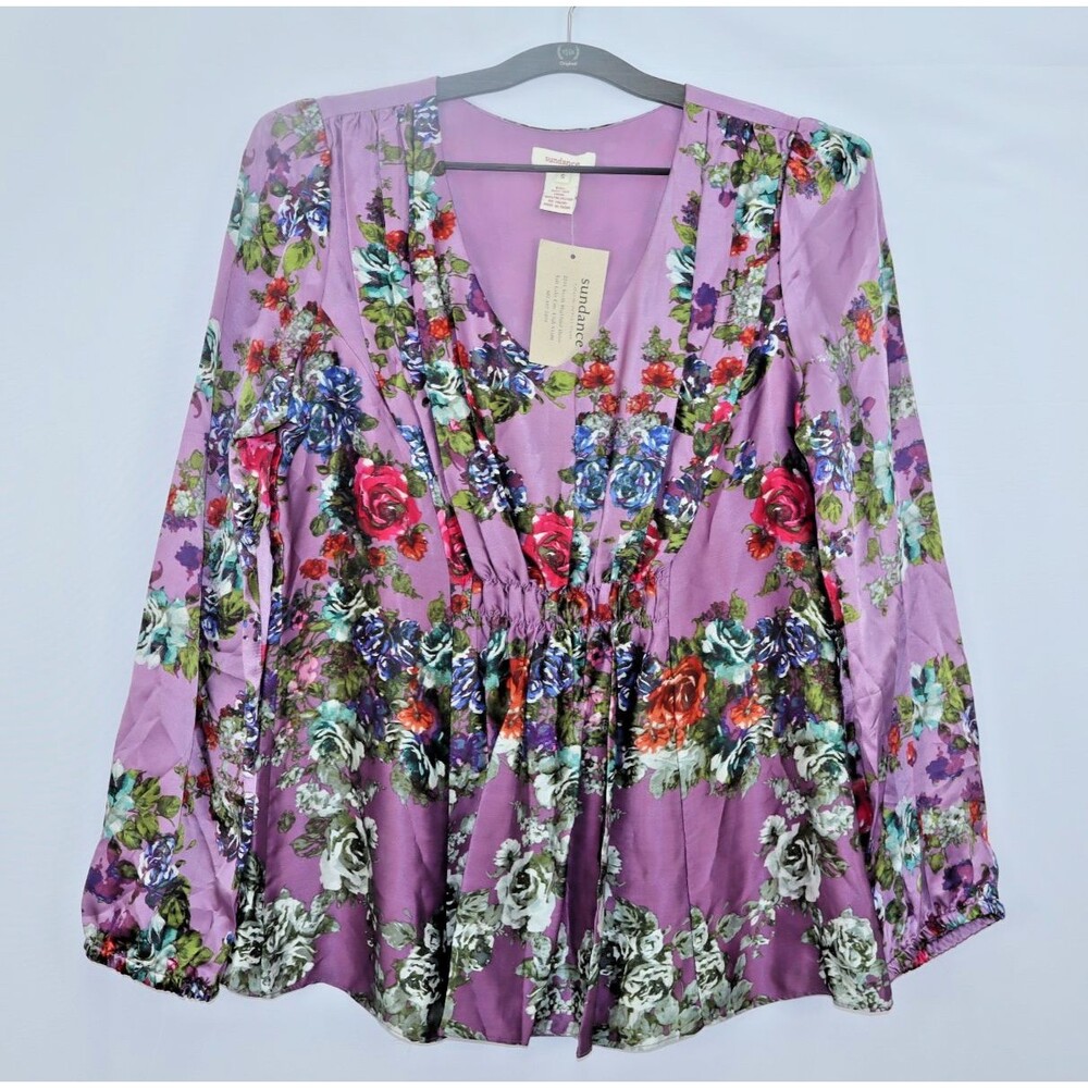 Sundance Silk Floral Peasant Blouse Purple Womens S Boho Romantic Cottagecore